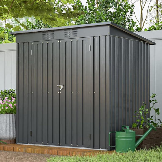 6x4 FT Shed Outdoor Storage Metal Large Garden Tool Sheds with Lockable Doors Floor Frame Sloped Roof Waterproof Steel Utility Equipment Shed for Backyard Patio Lawn Poolside, Black