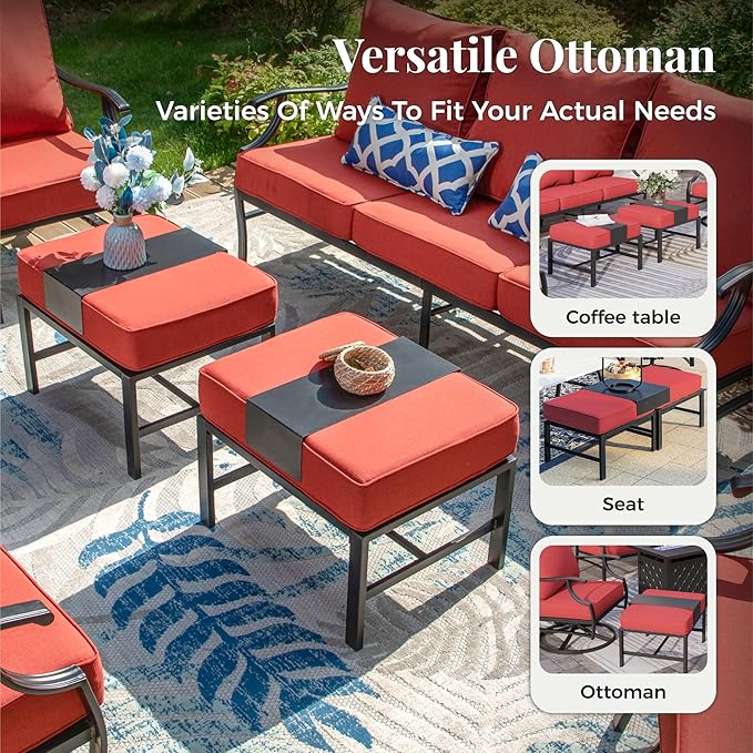 Patio Furniture Set 7 pcs, Outdoor Patio Furniture, 3-Seat Sofa, 4 Single Chairs, 2 Ottomans and 5.75" Extra Thick Cushion, Patio Conversation Set for Garden Backyard Deck,Red
