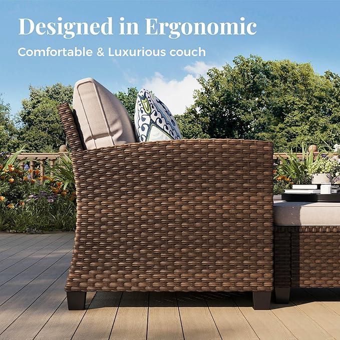 Patio Furniture Set, 6 Pcs Wicker Rattan Outdoor Conversation Set, 2 x Leg Chairs, 1 x 3 Seater Sofa and 2 x Ottoman with 4" Thick Cushion and 32" Fire Pit Table, Beige