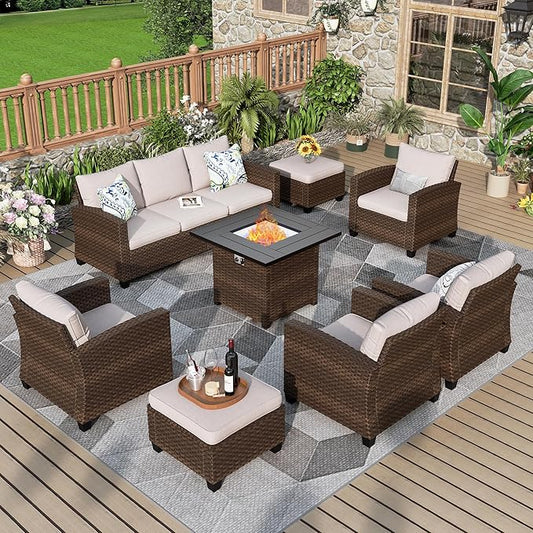 Patio Furniture Set, 8 Pcs Wicker Rattan Outdoor Conversation Set, 4 x Leg Chairs, 1 x 3 Seater Sofa and 2 x Ottomans with 4" Thick Cushion and 32" Fire Pit Table, Beige