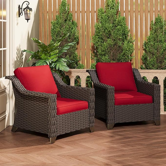 Patio 2 Pieces Chairs Set of 2 with Removable and Washable Covers，Outdoor PE Rattan Wicker Armchairs with Water-Resistant Cushions for Porch, Balcony, Sunroom (Red)