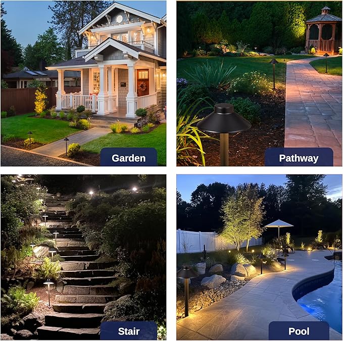 Gardenreet Brass Low Voltage Path Lights - 12V Landscaping Pathway Light IP65 Waterproof, Wired Walkway Lighting Outdoor, LED Black for Lawn Backyard with 3W 5000K Daylight G4 Bulb (8 Pack)