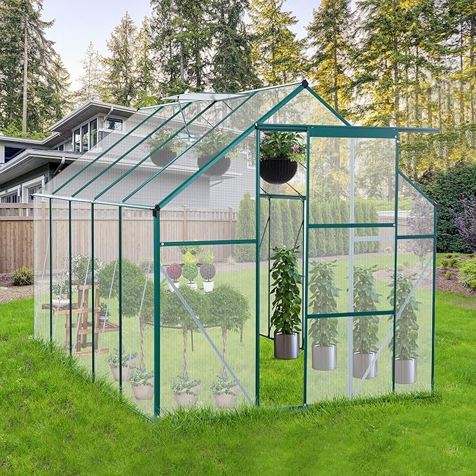 Favfurish 6X10 FT All Season Heavy Duty Walk-in Greenhouses, Outdoor Polycarbonate Plants Green House for Backyard Garden, Sliding Door Raised Base Anchor Aluminum, Green