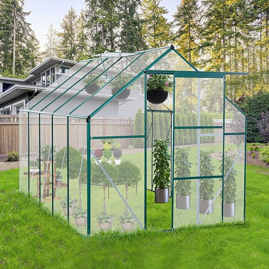 Favfurish 6X10 FT All Season Heavy Duty Walk-in Greenhouses, Outdoor Polycarbonate Plants Green House for Backyard Garden, Sliding Door Raised Base Anchor Aluminum, Green