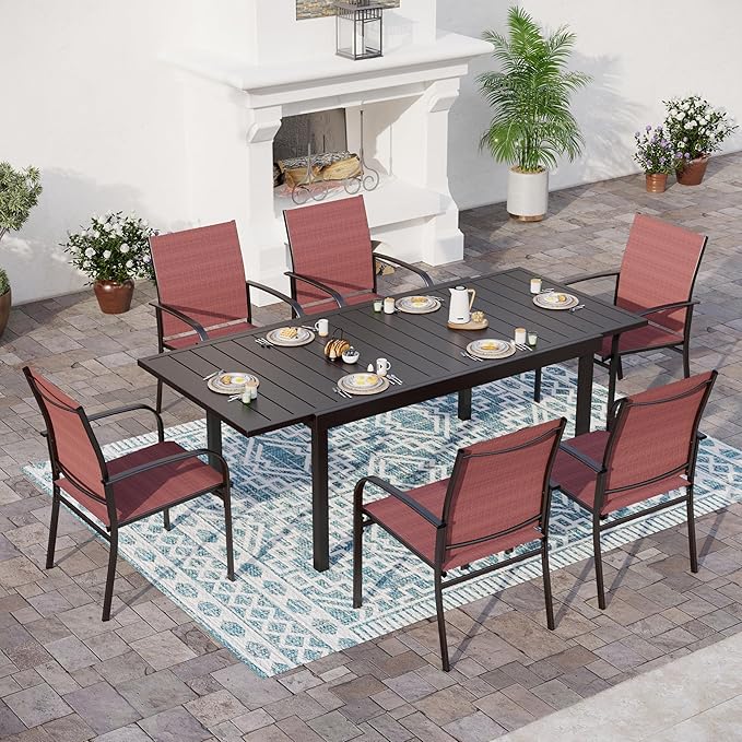 Patio Dining Set 7 PCS, Outdoor Red Dining Chairs for 6, Rectangular Steel Extendable Dining Table,Patio Dining Table and Chairs for Outdoor Lawn Garden,Deck.