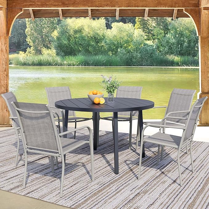 7 Pieces Round Dining Table Set for 6, Patio Dining Set Includes 6 Grey Stackable Patio Chairs and 1 Black Round Table Set of 6, Patio Furniture Sets with Sling Support for Outside, Garden