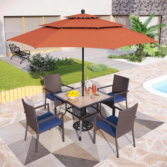 PHI VILLA 5 Piece Outdoor Dining Set with Umbrella for 4, 37" Square Metal Wood-top Table & Wicker Rattan Chairs with Cushions & 10ft Red Umbrella, Dining Furniture for Patio, Deck, Backyard, Porch