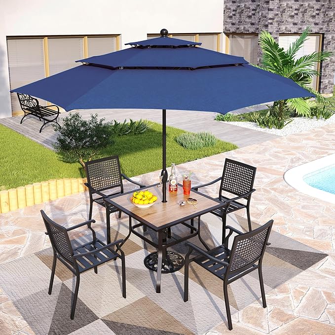 PHI VILLA 5 Pieces Patio Dining Set for 4 with 10ft Patio Umbrella, Metal Outdoor Stackable Wrought Iron Chair Set of 4 & 37" Metal Wood-Like Dining Table,3 Tier Vented Market Table Beige Umbrella