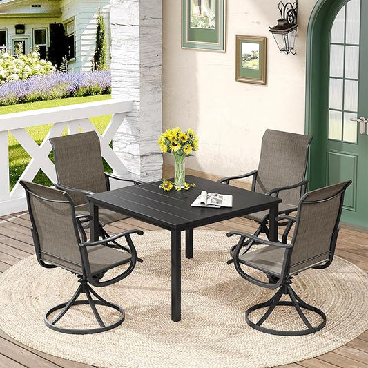 DIFY 5 Pieces Outdoor Patio Dining Set for 4, 40.2" Black Metal Square Dining Table and 4 Brown Textilene Swivel Dining Chairs, Outdoor Table and Chairs