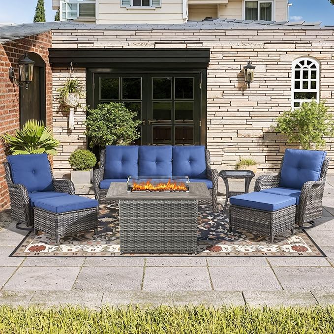 Wicker Outdoor Conversation Se with 50,000 BTU Gas Propane Fire Pit Tablet-7 Pieces Outdoor Wicker High Back Couch Patio Furniture for Deck Poolside Backyard