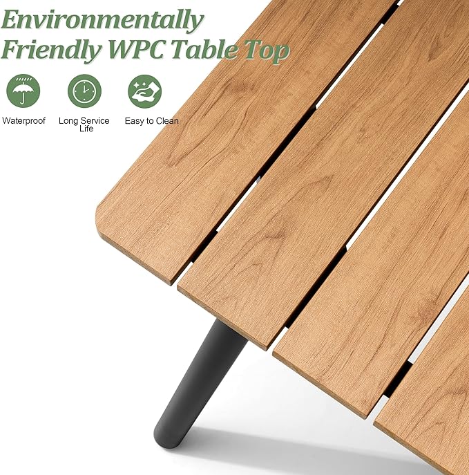 Outdoor Dining Table for 8-10, 94.5 inch Patio Dining Table with Wooden-Like Top and Aluminum Frame, Rectangular Table with Umbrella Hole Outdoor Furniture, Brown