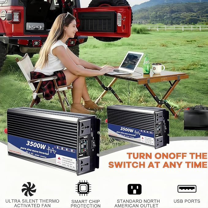 3500W Power Inverter 24V DC to 110V AC Converter with LED Display Dual AC Outlets Dual Fans Radiating for RV, Camp, Boat and Home Emergency Portable Pure Sine Wave Inverter (Smart Screen, 3500W 24V)