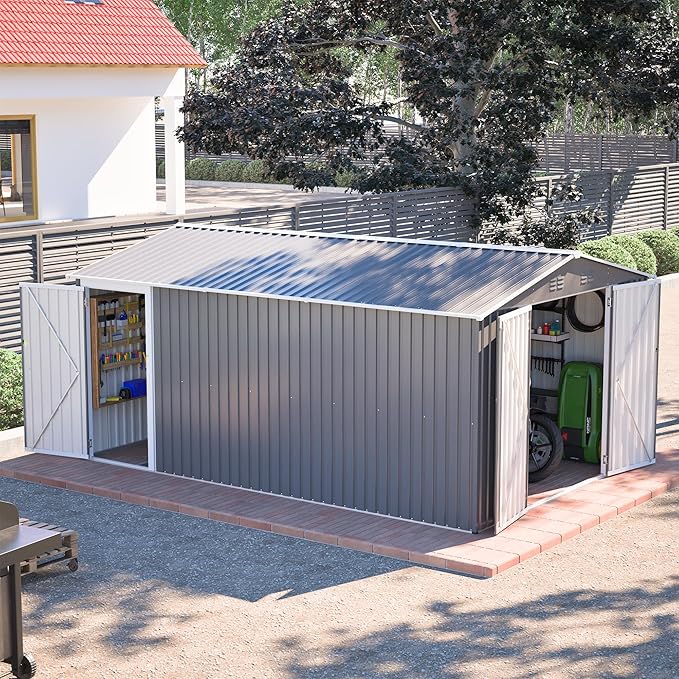 10x14 FT Outdoor Metal Storage Shed with Side Door & Floor Frame, Extra-Large Tool Shed with Lockable Double Doors, Weatherproof Garden Shed for Backyard, Lawn Equipment and Patio Storage