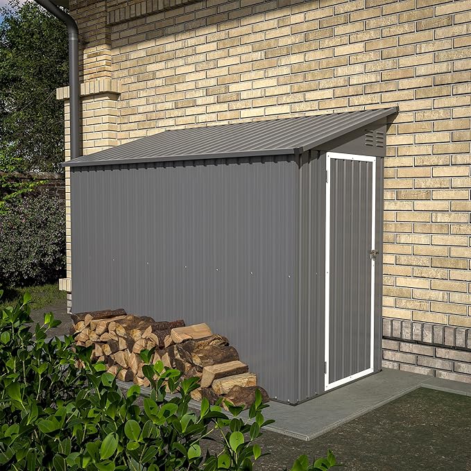 4×8 FT Lean to Metal Shed,Outdoor Heavy-Duty Storage Shed with Floor Base,All Weather Waterproof Garden Tool House W/Lockable Door&2 Air Vents,Reversible Door Design,for Backyard,Patio,Lawn,Gray