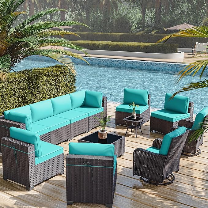 12 Pcs Outdoor Patio Furniture Set Outdoor Furniture All Weather Patio Sectional Sofa PE Wicker Modular Conversation Sets with Coffee Table, Swivel Rocking Chair (Turquoise)