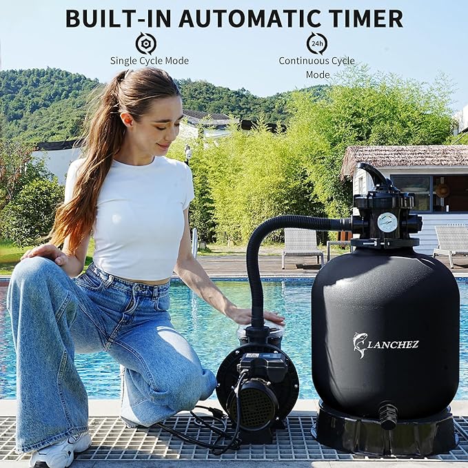LANCHEZ 18" Sand Filter Pump for Above Ground Pool with Timer, 1.5 HP, Max 4900 GPH for Pools Up to 20000 GAL, 6-Way Valve Pool Sand Filter System, Enhanced Circulation for Crystal-Clear Pool