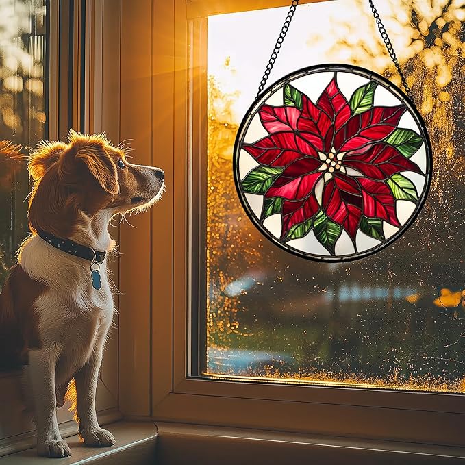 Stained Glass Window Hanging - Red Poinsettia Birth Flower Suncatcher for Door Garden Yard Sun Catchers Decor Christmas Mother's Day Birthday Gifts for Women Mom Nana Friend Men 9.8 in