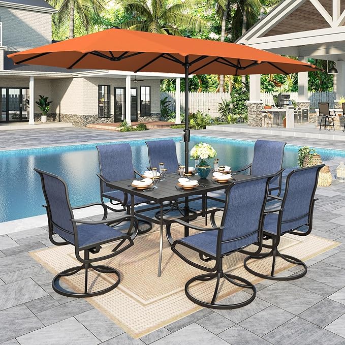 Sophia & William Patio Set with Umbrella 8 Pieces Outdoor Dining Set for 6 with 13ft Large Patio Umbrella Red, 6 x Blue Swivel Patio Chairs with 59" Dining Table for Lawn Garden