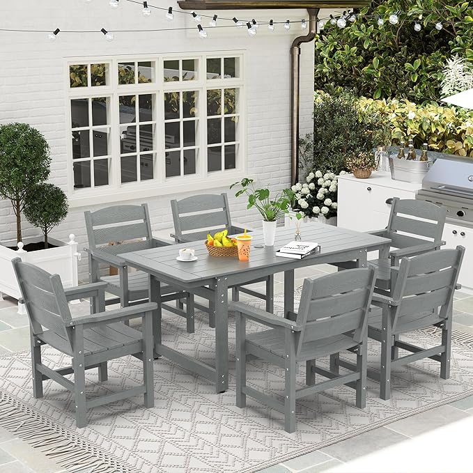 7-Piece HIPS Patio Dining Set, Outdoor Dining Table and Chairs Set with Umbrella Hole, Weatherproof Dining Table Set for 6 Person, Patio Furniture Set for Outside Deck, Grey