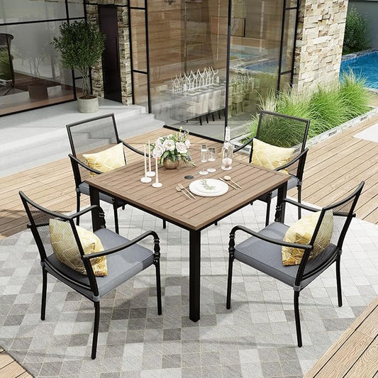 HERA'S HOUSE Metal Patio Table and Chairs Set for 4, Outdoor Dining Set 5 Pieces, 42" Square Faux Wood-Grain Table with Armrest Chairs for Garden Backyard with 1.57" Umbrella Hole