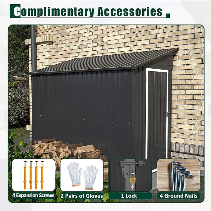 4×8 FT Lean to Metal Shed,Outdoor Heavy-Duty Storage Shed with Floor Base,All Weather Waterproof Garden Tool House W/Lockable Door&2 Air Vent,Reversible Door Design,for Backyard,Patio,Lawn,Black