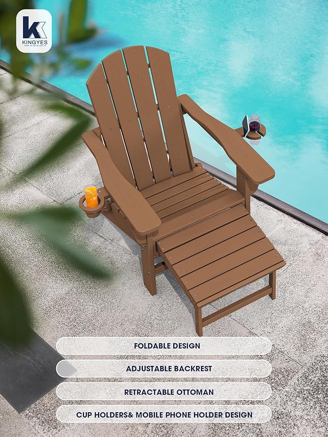 KINGYES Folding Adjustable Adirondack Chair with Ottoman & 2 Cup Holders Set of 4, HDEP Reclining Adirondack Chair with Footrest, Brown