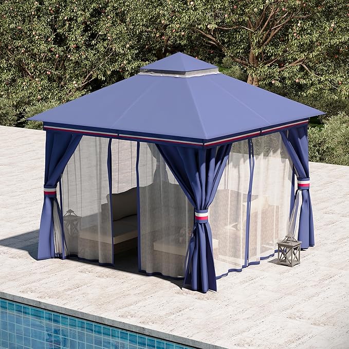 Outdoor Patio Gazebo 8FT, Heavy Duty Party Tent & Shelter with 2-Tier Roof and Expansion Bolts, Mosquito Nettings and Privacy Screens for Backyard, Garden, Poolside, Classic Blue