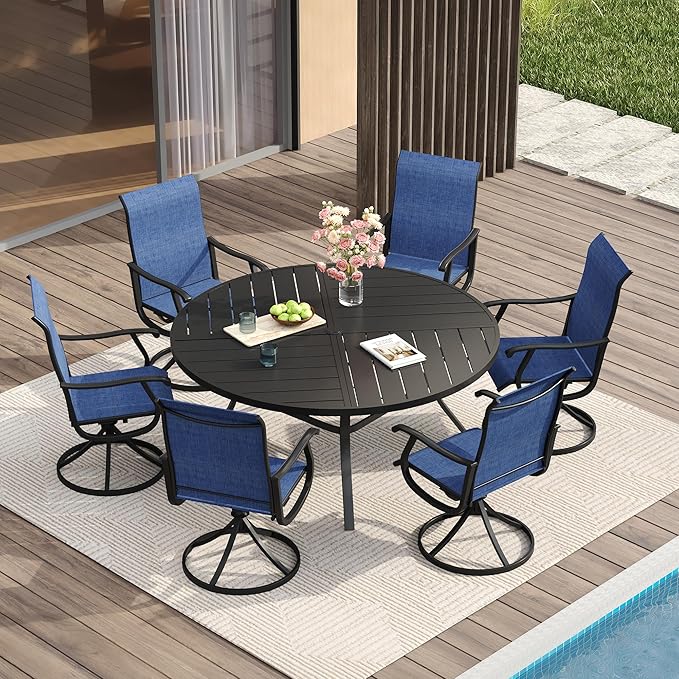 VICLLAX 7 Pieces Patio Dining Set for 6, Outdoor Furniture Set Includes 47.2" Outdoor Round Table and 6 Patio Swivel Chairs for Lawn Garden, Black Tabletop and Blue Fabric