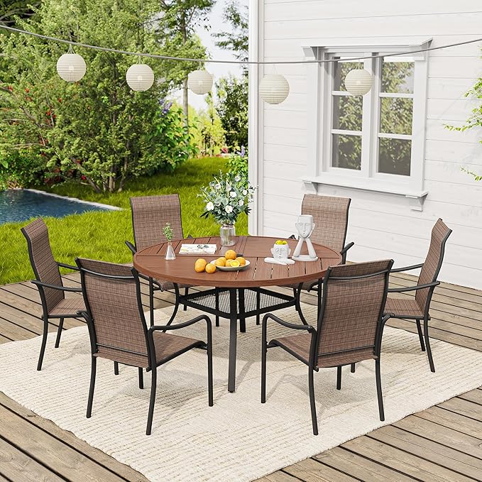 VICLLAX Outdoor Patio Round Dining Table, 47.2"x 47.2" Spliced Metal Tabletop with Storage Shelf for Deck Lawn Garden Backyard, Walnut