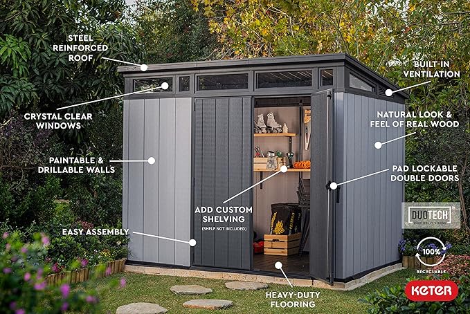 Keter Artisan 9x7 Foot Large Outdoor Shed with Floor with Modern Design for Patio Furniture, Lawn Mower, Tools, and Bike Storage, feet, Grey/Black