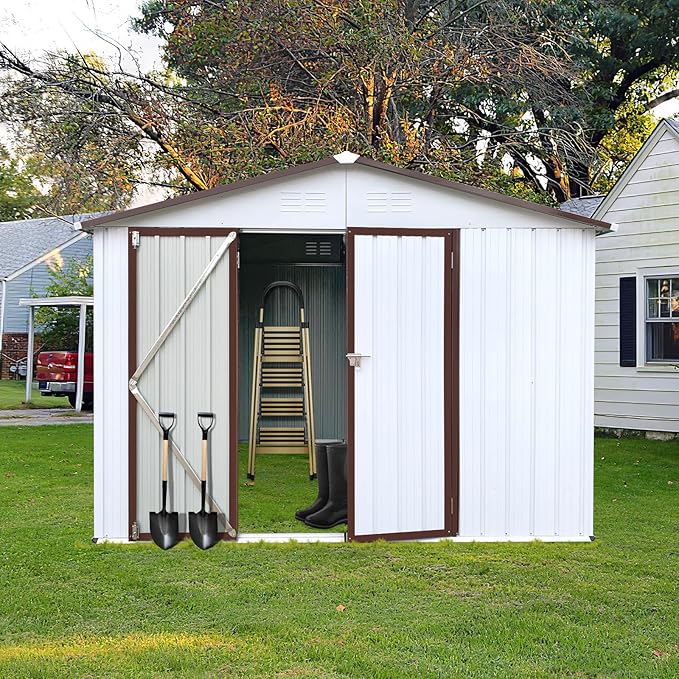 8 x 6 FT Metal Outdoor Storage Shed & Double Hinged Large Door - Heavy-Duty Shed with Floor, Lockable & Ventilation - Rainproof Windproof Large Utility Garden Shed for Backyard Patio Lawn - Brown