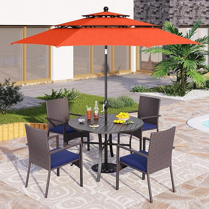 PHI VILLA 5 Pieces Outdoor Dining Set with Umbrella for 4, Round Metal Iron Dining Table & Wicker Chairs with Cushions & Large Red Umbrella, Morden Dining Furniture for Patio, Deck, Yard, Porch