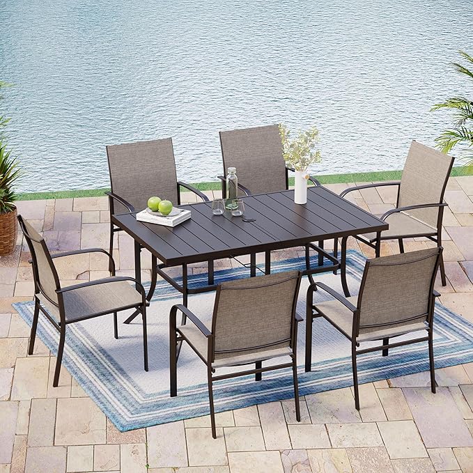 Outdoor Patio Dining Set 7 Piece Furniture Set with Metal Patio Dining Table with Umbrella Hole Table for Deck Garden Backyard Lawn Poolside