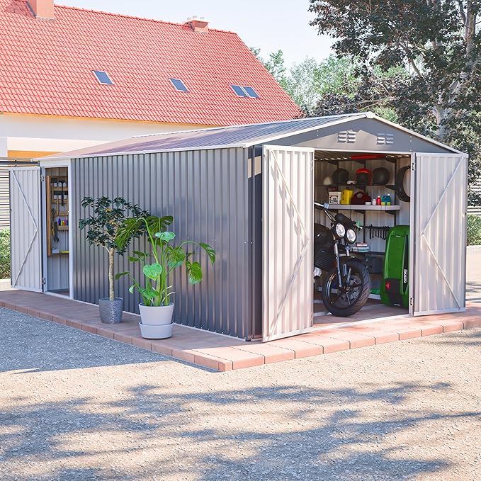 10x14 FT Shed Outdoor Storage Metal Large Garden Tool Sheds with 3 Lockable Doors Floor Frame Gable Roof Waterproof Steel Utility Equipment Sheds for Backyard Patio Lawn Poolside, Grey