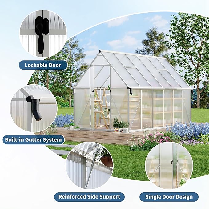 8'X14' Aluminum-Framed Polycarbonate Greenhouse, Heavy Duty Polycarbonate Greenhouse with Quick Setup Structure and Roof Vent, Large Enhanced Aluminum Greenhouses Kit for Outdoors