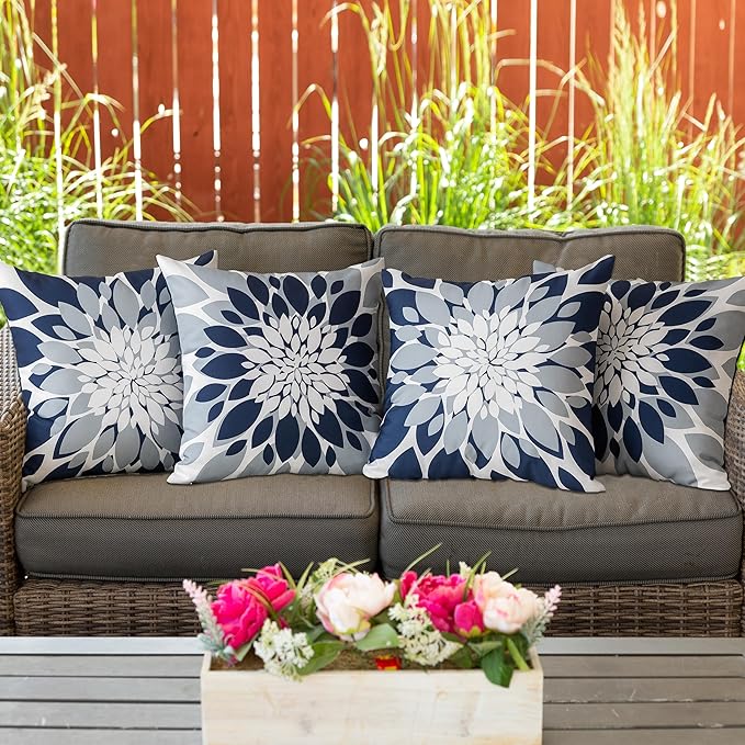 Qahing Pack of 4 Outdoor Waterproof Pillow Covers 24x24 Decorative Outdoor Throw Pillows Garden Square Cushion Cases for Patio Furniture, Couch, Tent Sunbrella, Bench, Navy Blue Grey
