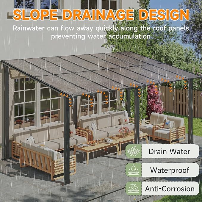 10x20FT Lean to Gazebo, Hardtop Metal Pergola with Polycarbonate Roof, Large Wall Mounted Heavy Duty Awnings, Patio Canopy for Backyard, Deck, Porch （Black）