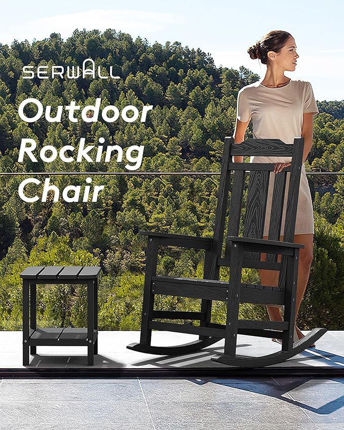 SERWALL Outdoor Rocking Chair, All Weather Patio Rocking Chair, HDPE Poly Rocking Chair for Adults, Heavy Duty Front Porch Rocker, Black