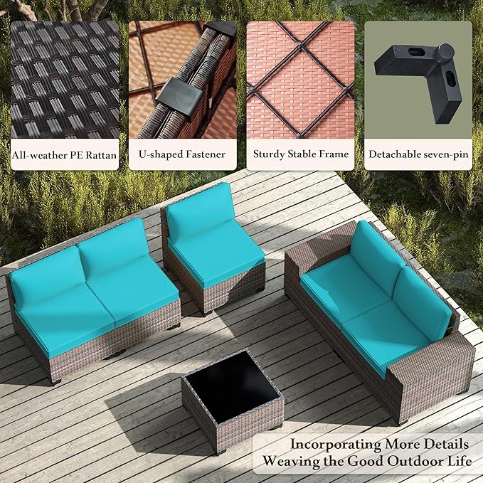 Patio Furniture Set with Propane Fire Pit, 7-Piece Outdoor Sectional Sofa Conversation Set w/ETL Approved 43" Gas Fire Table & Coffee Table - Turquoise