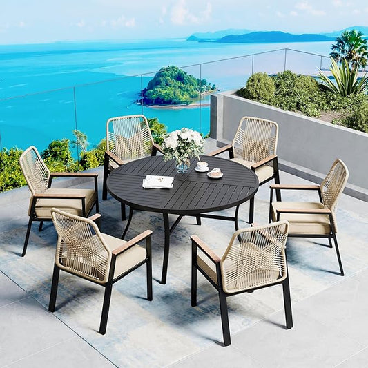 7 Pieces Patio Dining Set, 6 x Woven Rattan Chairs with Waterproof Cushion, 54” Metal Round Dining Table with Umbrella Hole, Outdoor Table and Chairs Set for Backyard Lawn and Deck