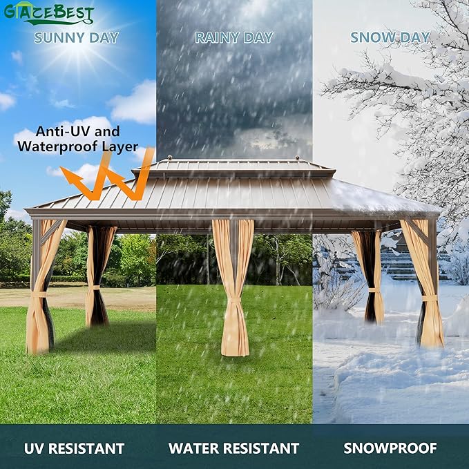 14' X 20' Hardtop Gazebo Outdoor Aluminum Patio Gazebo Double Roof Galvanized Steel Canopy Wooden Finish Coated with Netting and Curtains for Garden, Backyard,Deck and Lawns