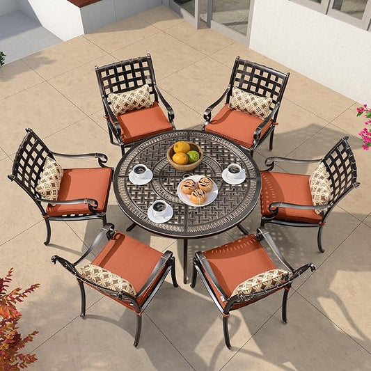 PURPLE LEAF 7 Pieces Outdoor Dining Set Cast Aluminum with 6 Armchairs and 47" Round Table, Cushion and Pillow Included, for Lawn Yard Garden Patio Dining Sets, Brick Red