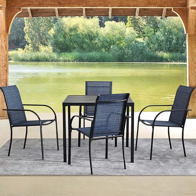 5 Pieces Round Dining Table Set for 4, Patio Dining Set Includes 4 Dark Blue Stackable Patio Chairs and 1 Black Square Table, Patio Furniture Sets with Sling Support for Outside, Garden
