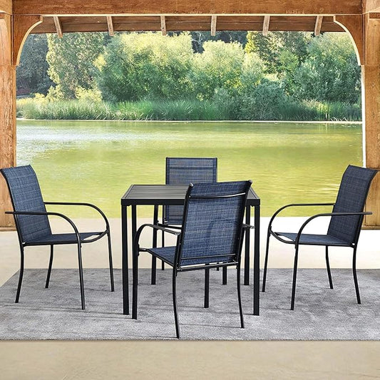 5 Pieces Round Dining Table Set for 4, Patio Dining Set Includes 4 Dark Blue Stackable Patio Chairs and 1 Black Square Table, Patio Furniture Sets with Sling Support for Outside, Garden