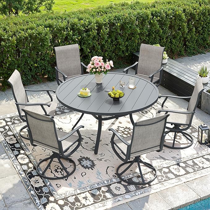 DIFY 7 Pieces Outdoor Patio Dining Set, 6 Grey Textilene Swivel Dining Chairs and 47.2" Grey Round Dining Table, Metal Outdoor Table and Chairs