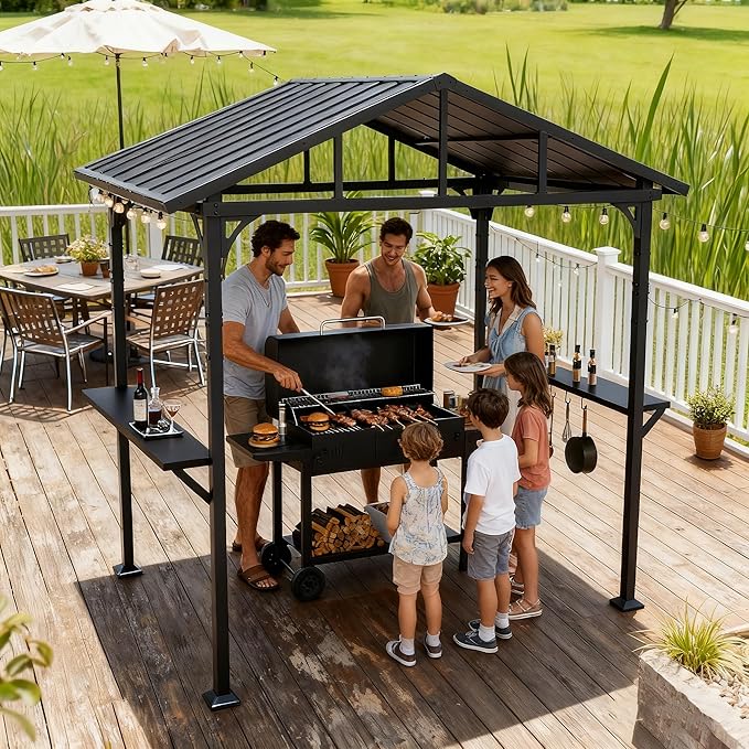 Gotland 8' x 5' Grill Gazebo, Outdoor Metal BBQ Gazebo with Triangular Structure Roof & Drainage Holes, Grill Canopy with 2 Side Shelves, for Deck Lawn Backyard