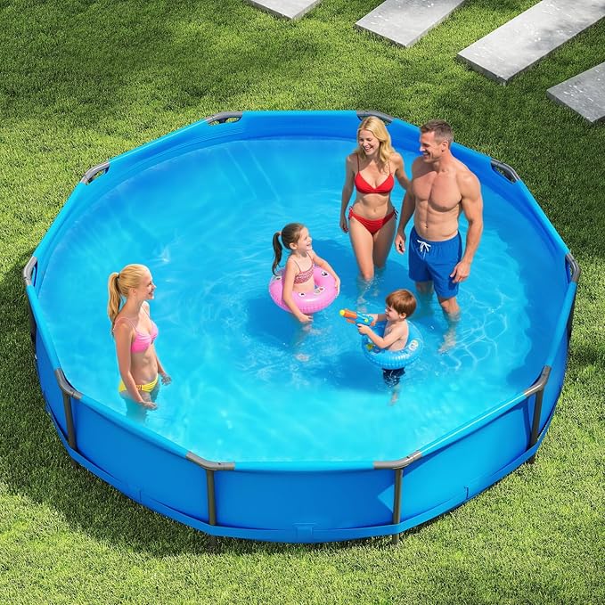GYMAX 12ft x 30in Metal Frame Above Ground Swimming Pool, Outdoor Backyard Famliy Pool Set with Puncture-Resistant Fabric, Drainage Valve Connector for Kids & Adults (12' x 30", Round, Blue)