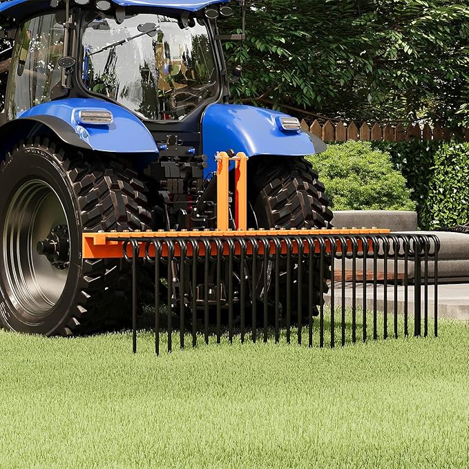 72" Durable Powder Coated, Steel Pine Grass Rake, Steel Spring Landscape Rake, Cat 0 Cat 1 Attaches to Tractor, 3-Point Hitch, Black + Orange