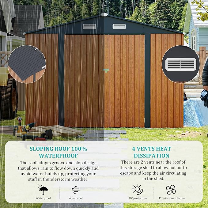 9x11 FT Outdoor Metal Storage Shed with Lockable Door, Steel Garden Utility Shed with Vents, Backyard Patio Tool Shed for Lawn Equipment, Bike, Firewood and Mower Storage, Brown