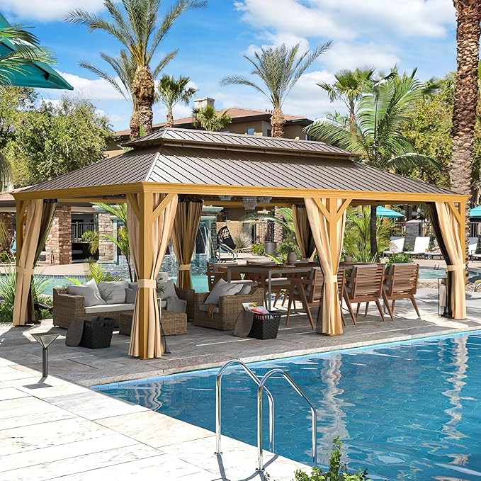 EROMMY 14'x22' Hardtop Gazebo, Galvanized Steel Double Roof with Wood Grain Aluminum Frame, Outdoor Gazebo with Curtains and Nettings for Patio, Backyard and Deck
